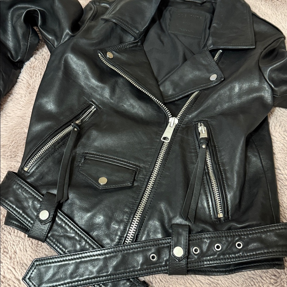 All Saints Black Leather Moto Jacket women’s size small - Picture 6 of 13
